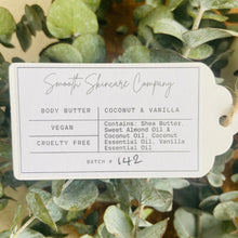 Load image into Gallery viewer, Coconut &amp; vanilla natural body butter ingredients label
