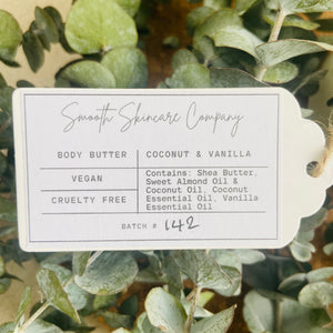 Coconut & vanilla natural body butter ingredients label